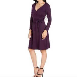 24/7 Comfort Apparel Womens Chic V Neck Belted Dress , Purple Sz XL